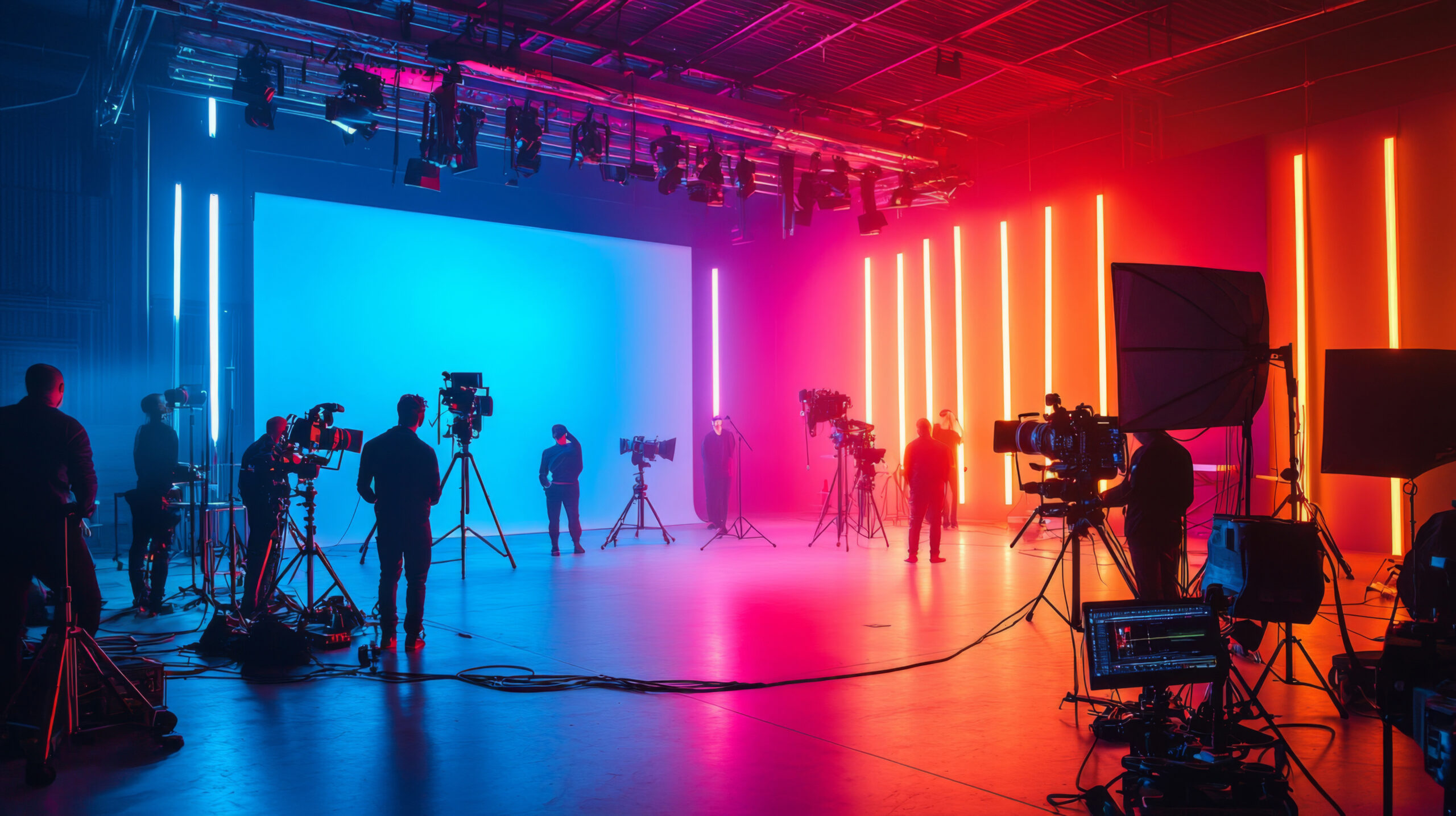 A group of people are filming a scene in a brightly lit room with colorful lights. Scene is energetic and lively, as the group of people are working together to create a dynamic and engaging scene