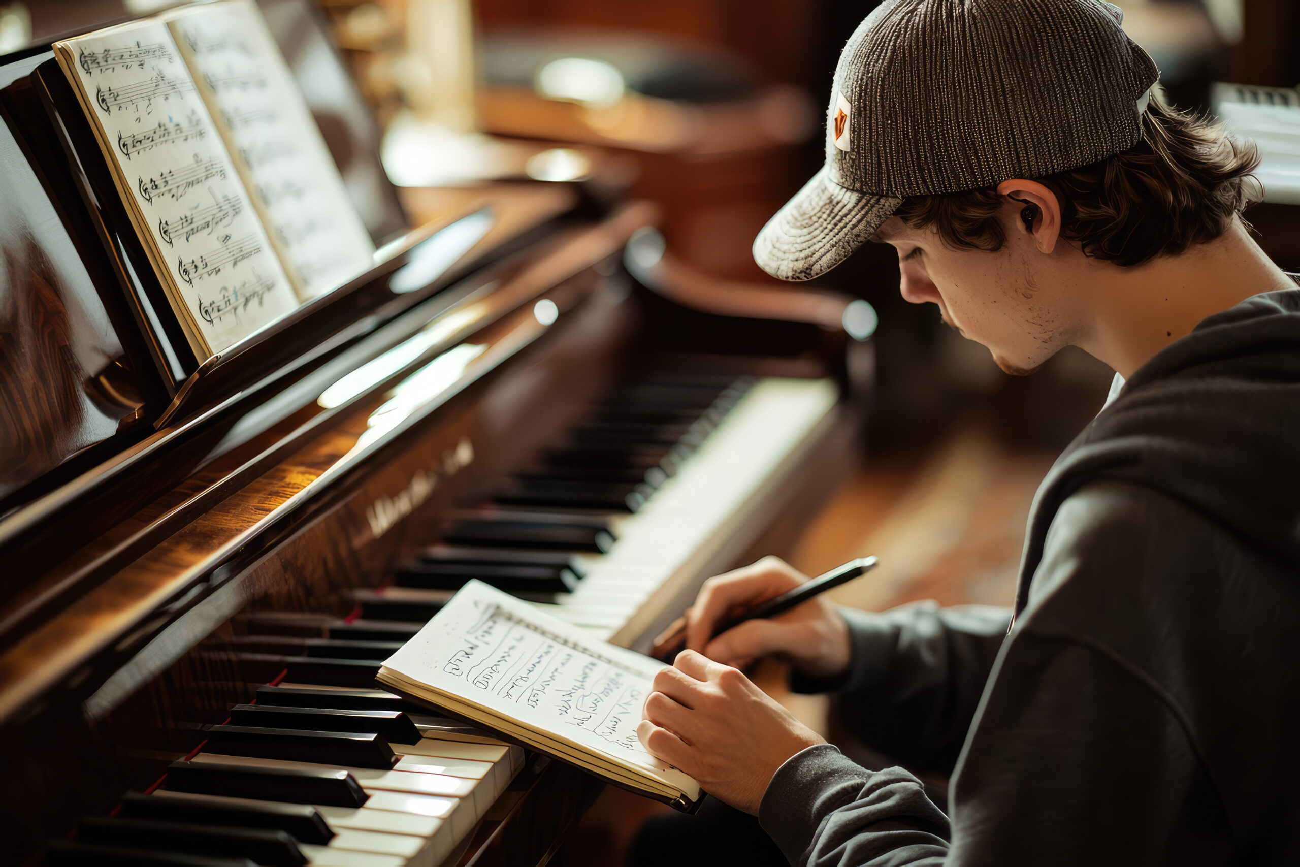 A Passionate Songwriter Creates Melodies Amidst Musical Notes in a Cozy, Inviting Space with a Grand Piano and Inspiration.