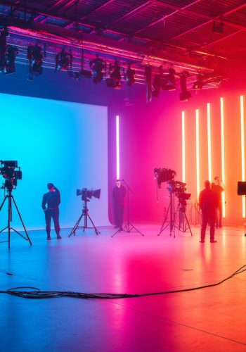 A group of people are filming a scene in a brightly lit room with colorful lights. Scene is energetic and lively, as the group of people are working together to create a dynamic and engaging scene