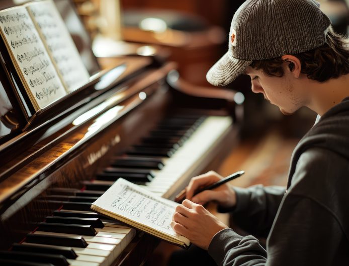 A Passionate Songwriter Creates Melodies Amidst Musical Notes in a Cozy, Inviting Space with a Grand Piano and Inspiration.